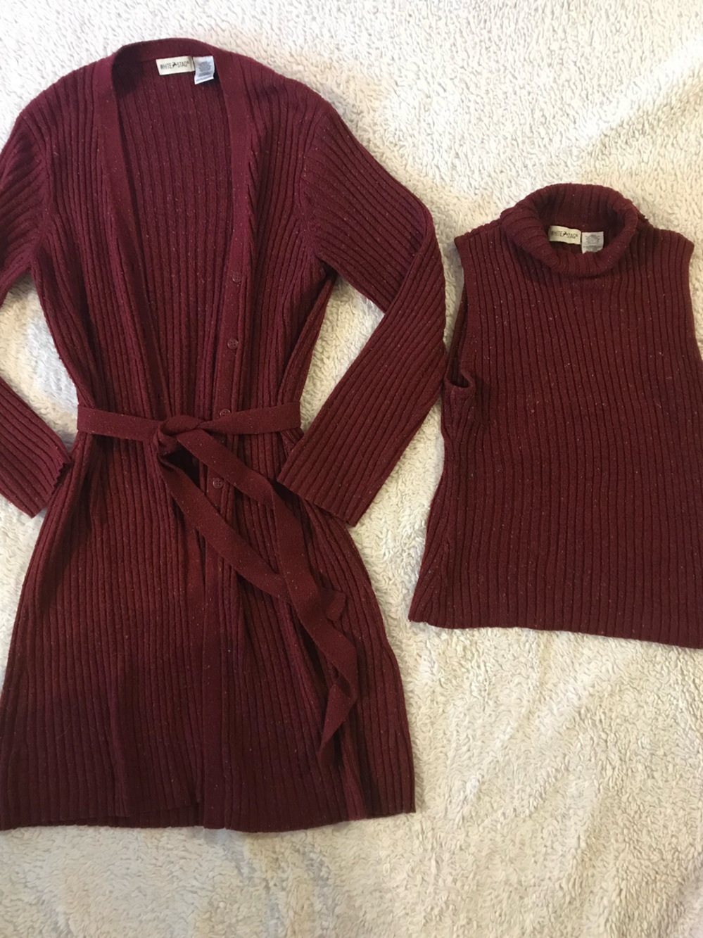 White Stag Ribbed Turtleneck Vest and Long Belted Cardigan — Wine